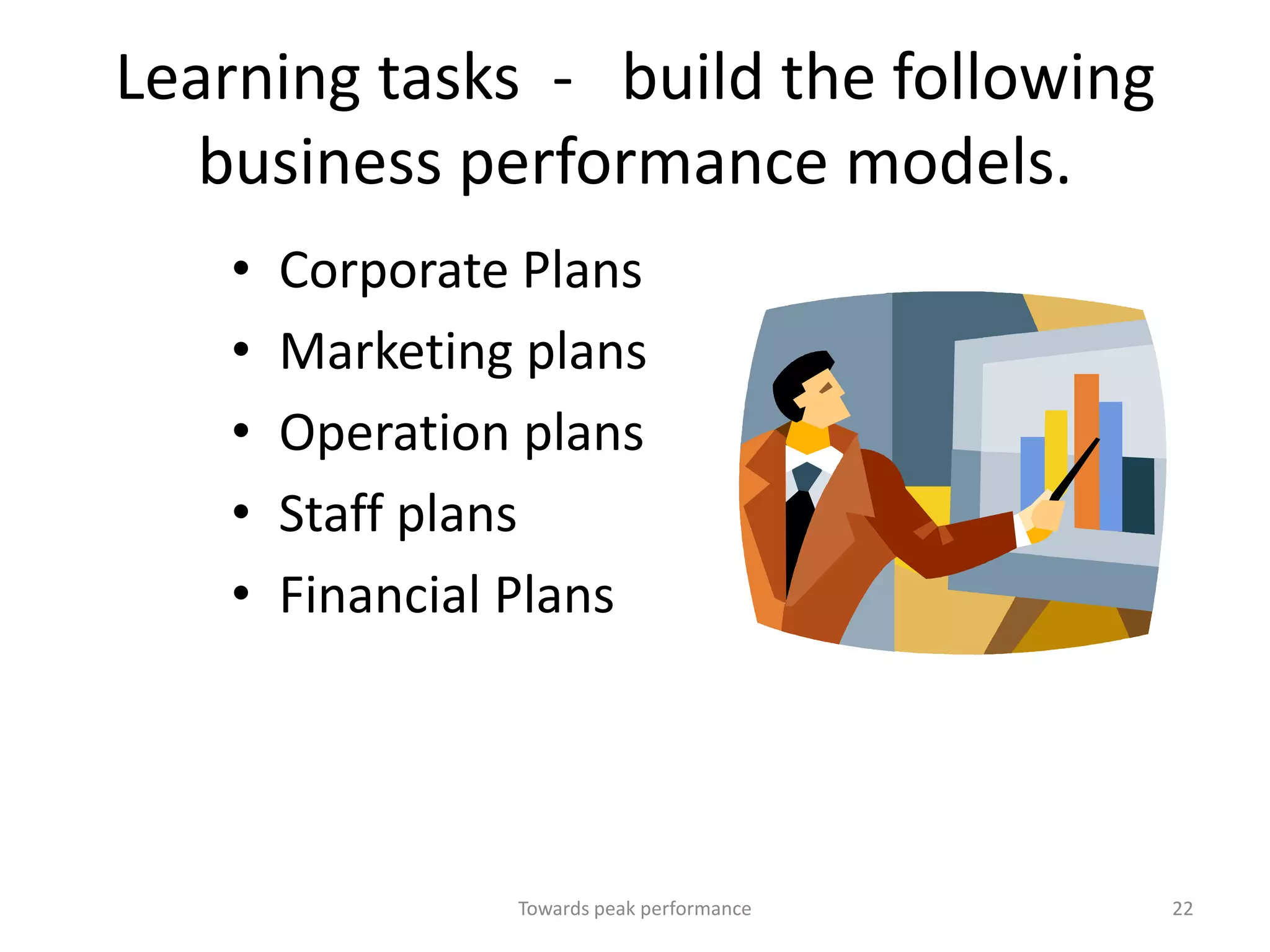 Learning tasks - build the following
   business performance models.
    •   Corporate Plans
    •   Marketing plans
    •   Operation plans
    •   Staff plans
    •   Financial Plans




                 Towards peak performance   22
 