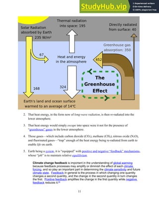 2. That heat energy, in the form now of long-wave radiation, is then re-radiated into the
lower atmosphere.
3. That heat energy would simply escape into space were it not for the presence of
“greenhouse” gases in the lower atmosphere.
4. Those gases—which include carbon dioxide (CO2), methane (CH4), nitrous oxide (N2O),
and fluorinated gases—“trap” enough of the heat energy being re-radiated from earth to
enable life on earth.
5. Earth being a system, it is “equipped” with positive and negative “feedback” mechanisms,
whose “job” is to maintain relative equilibrium.
Climate change feedback is important in the understanding of global warming
because feedback processes may amplify or diminish the effect of each climate
forcing, and so play an important part in determining the climate sensitivity and future
climate state. Feedback in general is the process in which changing one quantity
changes a second quantity, and the change in the second quantity in turn changes
the first. Positive feedback amplifies the change in the first quantity while negative
feedback reduces it.[2]
11
 