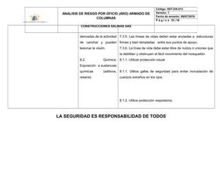derivadas de la actividad
de canchar y pueden
lesionar la visión.
8.2. Química:
Exposición a sustancias
químicas (aditivos,
resane)
7.3.5. Las líneas de vidas deben estar ancladas a estructuras
firmes y bien templadas entre sus puntos de apoyo.
7.3.6. La línea de vida debe estar libre de nudos o uniones que
la debiliten y obstruyen el fácil movimiento del mosquetón.
8.1.1. Utilizar protección visual
8.1.1. Utilice gafas de seguridad para evitar incrustación de
cuerpos extraños en los ojos.
8.1.2. Utilice protección respiratoria.
LA SEGURIDAD ES RESPONSABILIDAD DE TODOS
ANALISIS DE RIESGO POR OFICIO (ARO) ARMADO DE
COLUMNAS
CONSTRUCCIONES SALINAS SAS
Código: SST-DA-013
Versión: 1
Fecha de emisión: 09/07/2019
P á g i n a 18 | 18
 