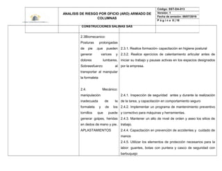 2.3Biomecanico:
Posturas prolongadas
de pie .que pueden
generar varices y
dolores lumbares.
Sobreesfuerzo al
transportar al manipular
la formaleta
2.4. Mecánico:
manipulación
inadecuada de la
formaleta y de los
tornillos que puede
generar golpes, heridas
en dedos de mano y pie.
APLASTAMIENTOS
2.3.1. Realice formación- capacitación en higiene postural
2.3.2. Realice ejercicios de calentamiento articular antes de
iniciar su trabajo y pausas activas en los espacios designados
por la empresa.
2.4.1. Inspección de seguridad antes y durante la realización
de la tarea, y capacitación en comportamiento seguro
2.4.2. Implementar un programa de mantenimiento preventivo
y correctivo para máquinas y herramientas.
2.4.3. Mantener un alto de nivel de orden y aseo los sitios de
trabajo.
2.4.4. Capacitación en prevención de accidentes y cuidado de
manos
2.4.5. Utilizar los elementos de protección necesarios para la
labor: guantes, botas con puntera y casco de seguridad con
barbuquejo
ANALISIS DE RIESGO POR OFICIO (ARO) ARMADO DE
COLUMNAS
CONSTRUCCIONES SALINAS SAS
Código: SST-DA-013
Versión: 1
Fecha de emisión: 09/07/2019
P á g i n a 8 | 18
 