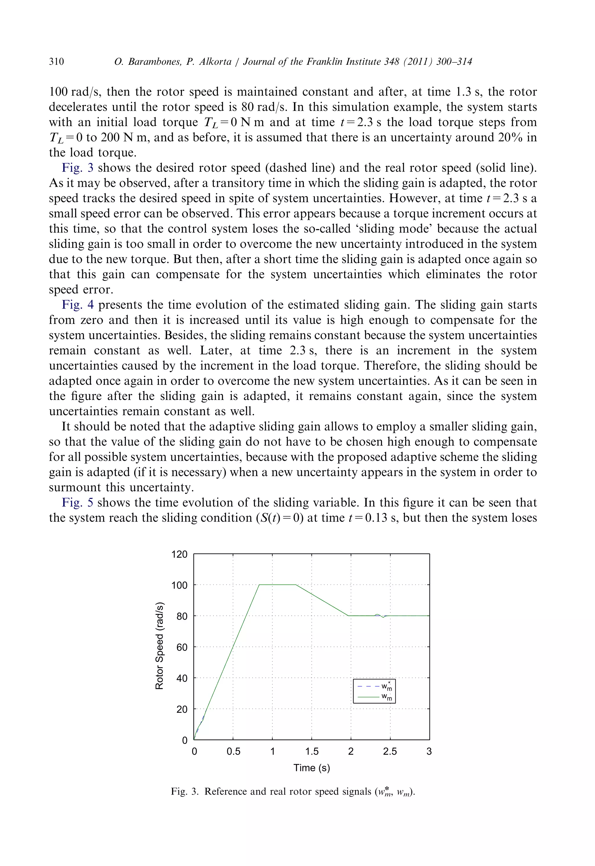 100 rad/s,thentherotorspeedismaintainedconstantandafter,attime1.3s,therotor 
deceleratesuntiltherotorspeedis80rad/s.Inthissimulationexample,thesystemstarts 
with aninitialloadtorque TL=0 Nmandattime t=2.3 stheloadtorquestepsfrom 
TL=0 to200Nm,andasbefore,itisassumedthatthereisanuncertaintyaround20%in 
the loadtorque. 
Fig. 3 shows thedesiredrotorspeed(dashedline)andtherealrotorspeed(solidline). 
As itmaybeobserved,afteratransitorytimeinwhichtheslidinggainisadapted,therotor 
speed tracksthedesiredspeedinspiteofsystemuncertainties.However,attime t=2.3 sa 
small speederrorcanbeobserved.Thiserrorappearsbecauseatorqueincrementoccursat 
this time,sothatthecontrolsystemlosestheso-called‘slidingmode’becausetheactual 
sliding gainistoosmallinordertoovercomethenewuncertaintyintroducedinthesystem 
due tothenewtorque.Butthen,afterashorttimetheslidinggainisadaptedonceagainso 
that thisgaincancompensateforthesystemuncertaintieswhicheliminatestherotor 
speed error. 
Fig. 4 presentsthetimeevolutionoftheestimatedslidinggain.Theslidinggainstarts 
from zeroandthenitisincreaseduntilitsvalueishighenoughtocompensateforthe 
system uncertainties.Besides,theslidingremainsconstantbecausethesystemuncertainties 
remain constantaswell.Later,attime2.3s,thereisanincrementinthesystem 
uncertaintiescausedbytheincrementintheloadtorque.Therefore,theslidingshouldbe 
adapted onceagaininordertoovercomethenewsystemuncertainties.Asitcanbeseenin 
the figureaftertheslidinggainisadapted,itremainsconstantagain,sincethesystem 
uncertaintiesremainconstantaswell. 
It shouldbenotedthattheadaptiveslidinggainallowstoemployasmallerslidinggain, 
so thatthevalueoftheslidinggaindonothavetobechosenhighenoughtocompensate 
for allpossiblesystemuncertainties,becausewiththeproposedadaptiveschemethesliding 
gain isadapted(ifitisnecessary)whenanewuncertaintyappearsinthesysteminorderto 
surmount thisuncertainty. 
Fig. 5 shows thetimeevolutionoftheslidingvariable.Inthisfigureitcanbeseenthat 
the systemreachtheslidingcondition(S(t)=0) attime t=0.13 s,butthenthesystemloses 
0 0.511.522.53 
0 
20 
40 
60 
80 
100 
120 
Time (s) 
Rotor Speed (rad/s) 
wm * 
wm 
Fig. 3.Referenceandrealrotorspeedsignals(wm 
n , wm). 
O. Barambones,P.Alkorta/JournaloftheFranklinInstitute348(2011)300–314 310 
 