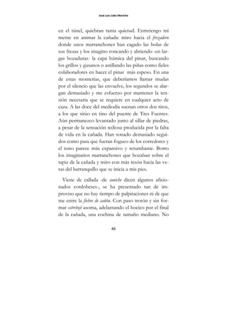 José Luis Lobo Moriche
46
en el túnel, quiebran tanta quietud. Entretengo mi
mente en animar la cañada: miro hacia el frezadero
donde unos marranchones han cagado las bolas de
sus frezas y los imagino roncando y abriendo -en lar-
gas hozaduras- la capa húmica del pinar, buscando
los grillos y gusanos o astillando las piñas como fieles
colaboradores en hacer el pinar más espeso. En una
de estas monterías, que deberíamos llamar mudas
por el silencio que las envuelve, los segundos se alar-
gan demasiado y me esfuerzo por mantener la ten-
sión necesaria que se requiere en cualquier acto de
caza. A las doce del mediodía suenan otros dos tiros,
a los que sitúo en tino del puente de Tres Fuentes.
Aún permanezco levantado junto al sillar de piedras,
a pesar de la sensación tediosa producida por la falta
de vida en la cañada. Han sonado demasiado segui-
dos como para que fueran fogueo de los corredores y
el tono parece más expansivo y retumbante. Borro
los imaginarios marranchones que hozaban sobre el
tapiz de la cañada y miro con más tesón hacia las ve-
ras del barranquillo que se inicia a mis pies.
Viene de callada -de soniche dicen algunos aficio-
nados cordobeses-, se ha presentado tan de im-
proviso que no hay tiempo de palpitaciones ni de que
me entre la fiebre de cañón. Con paso trotón y sin for-
mar estrebejí asoma, adelantando el hocico por el final
de la cañada, una cochina de tamaño mediano. No
 