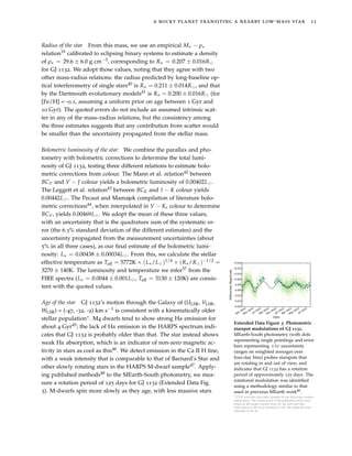 a rocky planet transiting a nearby low-mass star 11
Radius of the star From this mass, we use an empirical M − ρ
relation19 calibrated to eclipsing binary systems to estimate a density
of ρ = 29.6 ± 6.0 g cm−3, corresponding to R = 0.207 ± 0.016R
for GJ 1132. We adopt those values, noting that they agree with two
other mass-radius relations: the radius predicted by long-baseline op-
tical interferometry of single stars40 is R = 0.211 ± 0.014R , and that
by the Dartmouth evolutionary models41 is R = 0.200 ± 0.016R (for
[Fe/H] = -0.1, assuming a uniform prior on age between 1 Gyr and
10 Gyr). The quoted errors do not include an assumed intrinsic scat-
ter in any of the mass–radius relations, but the consistency among
the three estimates suggests that any contribution from scatter would
be smaller than the uncertainty propagated from the stellar mass.
Bolometric luminosity of the star We combine the parallax and pho-
tometry with bolometric corrections to determine the total lumi-
nosity of GJ 1132, testing three different relations to estimate bolo-
metric corrections from colour. The Mann et al. relation42 between
BCV and V − J colour yields a bolometric luminosity of 0.00402L .
The Leggett et al. relation43 between BCK and I − K colour yields
0.00442L . The Pecaut and Mamajek compilation of literature bolo-
metric corrections44, when interpolated in V − Ks colour to determine
BCV, yields 0.00469L . We adopt the mean of these three values,
with an uncertainty that is the quadrature sum of the systematic er-
ror (the 6.3% standard deviation of the different estimates) and the
uncertainty propagated from the measurement uncertainties (about
5% in all three cases), as our ﬁnal estimate of the bolometric lumi-
nosity: L = 0.00438 ± 0.00034L . From this, we calculate the stellar
effective temperature as Teff = 5772K × (L /L )1/4 × (R /R )−1/2 =
3270 ± 140K. The luminosity and temperature we infer37 from the
FIRE spectra (L = 0.0044 ± 0.001L , Teff = 3130 ± 120K) are consis-
tent with the quoted values.
Extended Data Figure 3: Photometric
starspot modulations of GJ 1132.
MEarth-South photometry (with dots
representing single pointings and error
bars representing ±1σ uncertainty
ranges on weighted averages over
four-day bins) probes starspots that
are rotating in and out of view, and
indicates that GJ 1132 has a rotation
period of approximately 125 days. The
rotational modulation was identiﬁed
using a methodology similar to that
used in previous MEarth work48.
∗UVW velocities have been updated to use the proper motion
stated above. The values given in the published article were
based on the proper motion from ref. 64, and were also
with respect to the local standard of rest. We adopt the solar
velocities of ref. 65.
Age of the star GJ 1132’s motion through the Galaxy of (ULSR, VLSR,
WLSR) = (-47, -32, -2) km s−1 is consistent with a kinematically older
stellar population∗. M4 dwarfs tend to show strong Hα emission for
about 4 Gyr45; the lack of Hα emission in the HARPS spectrum indi-
cates that GJ 1132 is probably older than that. The star instead shows
weak Hα absorption, which is an indicator of non-zero magnetic ac-
tivity in stars as cool as this46. We detect emission in the Ca II H line,
with a weak intensity that is comparable to that of Barnard’s Star and
other slowly rotating stars in the HARPS M-dwarf sample47. Apply-
ing published methods48 to the MEarth-South photometry, we mea-
sure a rotation period of 125 days for GJ 1132 (Extended Data Fig.
3). M-dwarfs spin more slowly as they age, with less massive stars
 