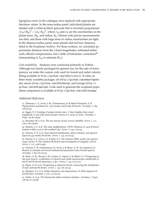 a rocky planet transiting a nearby low-mass star 16
Egregious errors in the catalogue were replaced with appropriate
literature values. In the mass-radius panel, individual planets are
shaded with a white-to-black greyscale that is inversely proportional
σM/Mp
2
+ σR/Rp
2
, where σM and σR are the uncertainties on the
planet mass, Mp, and radius, Rp. Planets with precise measurements
are dark, and those with large mass or radius uncertainties are light.
In the distance-radius panel, some planets did not have distances
listed in the Exoplanet Archive. For those systems, we calculated ap-
proximate distances from the J-band magnitudes, estimated stellar
radii, effective temperatures, and a table of bolometric corrections44
(interpolating in Teff to estimate BCJ).
Code availability Analyses were conducted primarily in Python.
Although not cleanly packaged for general use, for the sake of trans-
parency we make the custom code used for transit and radial velocity
ﬁtting available at http://github.com/zkbt/transit. It relies on
three freely available packages: eb (http://github.com/mdwarfgeek/
eb), emcee (http://github.com/dfm/emcee), and George (http://
github.com/dfm/george). Code used to generate the exoplanet popu-
lation comparison is available at http://github.com/zkbt/exopop.
Additional References
31. Dittmann, J. A., Irwin, J. M., Charbonneau, D. & Berta-Thompson, Z. K.
Trigonometric parallaxes for 1507 nearby mid-to-late M dwarfs. Astrophys. J. 784,
156 (2014).
32. Eggen, O. J. Catalogs of proper-motion stars. I. Stars brighter than visual
magnitude 15 and with annual proper motion of 1 arcsec or more. Astrophys. J.
Suppl. 39, 89 (1979).
33. Skrutskie, M. F. et al. The two micron all sky survey (2MASS). Astron. J. 131,
1163-1183 (2006).
34. Winters, J. G. et al. The solar neighborhood. XXXV. Distances to 1404 M dwarf
systems within 25 pc in the southern sky. Astron. J. 149, 5 (2014).
35. Newton, E. R. et al. Near-infrared metallicities, radial velocities, and spectral
types for 447 nearby M dwarfs. Astron. J. 147, 20 (2014).
36. Hawley, S. L., Gizis, J. E. & Reid, N. I. The Palomar/MSU nearby star spectro-
scopic survey. II. The southern M dwarfs and investigation of magnetic activity.
Astron. J. 113, 1458 (1997).
37. Newton, E. R., Charbonneau, D., Irwin, J. & Mann, A. W. An empirical cal-
ibration to estimate cool dwarf fundamental parameters from H-band spectra.
Astrophys. J. 800, 85 (2015).
38. Mann, A. W., Brewer, J. M., Gaidos, E., Lépine, S. & Hilton, E. J. Prospecting in
late-type dwarfs: a calibration of infrared and visible spectroscopic metallicities of
late K and M dwarfs spanning 1.5 dex. Astron. J. 145, 52 (2013).
39. Mann, A. W. et al. Prospecting in ultracool dwarfs: measuring the metallicities
of mid- and late-M dwarfs. Astron. J. 147, 160 (2014).
40. Boyajian, T. S. et al. Stellar diameters and temperatures. II. Main-sequence K-
and M-stars. Astrophys. J. 757, 112 (2012).
41. Dotter, A. et al. The Dartmouth stellar evolution database. Astrophys. J. Suppl.
178, 89-101 (2008).
 