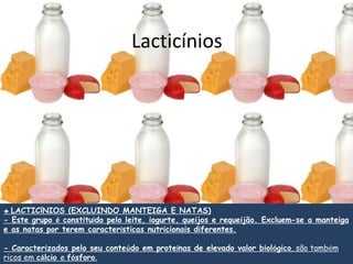Lacticínios
 LACTICÍNIOS (EXCLUINDO MANTEIGA E NATAS)
- Este grupo é constituído pelo leite, iogurte, queijos e requeijão. Excluem-se a manteiga
e as natas por terem características nutricionais diferentes.
- Caracterizados pelo seu conteúdo em proteínas de elevado valor biológico, são também
ricos em cálcio e fósforo.
 
