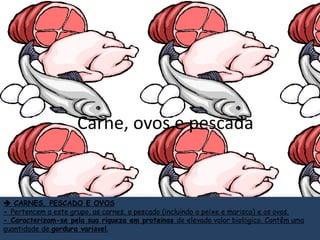Carne, ovos e pescada
 CARNES, PESCADO E OVOS
- Pertencem a este grupo, as carnes, o pescado (incluindo o peixe e marisco) e os ovos.
- Caracterizam-se pela sua riqueza em proteínas de elevado valor biológico. Contêm uma
quantidade de gordura variável.
 