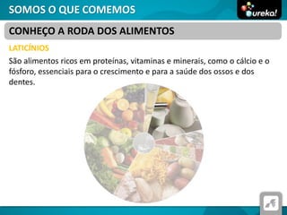 SOMOS O QUE COMEMOS
LATICÍNIOS
São alimentos ricos em proteínas, vitaminas e minerais, como o cálcio e o
fósforo, essenciais para o crescimento e para a saúde dos ossos e dos
dentes.
CONHEÇO A RODA DOS ALIMENTOS
 