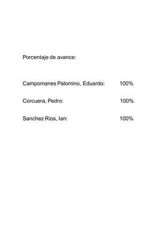 Porcentaje de avance:
Campomanes Palomino, Eduardo: 100%
Corcuera, Pedro: 100%
Sanchez Rios, Ian: 100%
 