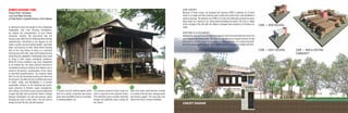 kHMeR HousiNg CoRe
Phnom Penh, cambodia
Low cost mass Housing
w/ Peter Barich, copeland Downs, & Eric Nielsen
CORE CONCEPT
Because of these issues, we designed the housing CORE to address all of these
issues in a single unit that could be used in both new construction, and retrofitted to
existing housing. The addition of a CORE to a home will sufficiently provide the basic
daily needs for a family of six. Along with benefitting the family, the Core is linked
to the ecology of the site with the intake of rainwater and production of fertilizer for
crops.
ADAPTABILITY & SCALABILITY
Adaptability and scalabilty are important aspects of the Core and allow the Core to be
used beyond new construction. The Core can function as an integral element to new
construction, or alternatively as an addition to existing homes. At a community level,
the Core can be scaled larger or duplicated to provide services to multiple families.
CORE + NEw hOuSINg
CORE + ExIST hOuSINg CORE + NEw & ExISTINg
COmmuNITY
A locally sourced material palette works
well for a variety of wooden and woven
grass wall assemblies that are innovative
in keeping weather out.
It is common practice to have a house on
stilts in response to the seasonal floods.
This interstitial space provides important
storage and gathering space during the
dry season.
Open floor plans allow families to adapt
to a variety of family sizes, storage needs
and activity support. The open plan also
allows free flow of natural ventilation.
In starting to look at the design for this Cambodian
Sustainable Low Cost housing Competition,
be studied the characteristics of rural Khmer
vernacular housing. we discovered that this
housing style often has the following three primary
characteristics (illustrated in the diagram to the
right); a locally sourced material palette, open floor
plans, and housing on stilts. Rural Khmer housing
tells of the long history of living in a cyclically
flooding area with stilts, stairs and floating housing
illustrating the adaptation Cambodians have made
to living in their unique ecological conditions.
while the living conditions may seem dilapidated
to an outside eye, the major physical structure of
Cambodian housing is rational, well ordered, and is
rooted in the family’s customization of their home
to meet their required spaces. Our research shows
that It is not the vernacular housing unit that must
be improved, but rather the key to addressing issues
of health, safety, and affordability is to provide
sustainable solutions to the following key points:
water collection & filtration, waste management,
and cooking. All of these issues must be addressed
in ways that take into account the drastic changes
between Cambodia’s dry and wet seasons, where
flooding can reach a meter deep. Thus we need to
design for both the dry, and wet seasons.
typiCAl kHMeR RuRAl HousiNg
RAINwATER COLLECTION
wATER fILTRATION
BIODIgESTER:
fuEL fOR COOKINg
BIODIgESTER: fuEL fOR CROPS
CoNCept diAgRAM
 