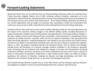 Forward-Looking Statements
Statements herein that are not historical facts are forward looking statements within the meaning of the
Private Securities Litigation Reform Act of 1995, including, without limitation, statements as to the
expectations, beliefs and future expected business, financial and operating performance and prospects of
the Company and our joint venture with Saudi Aramco. These forward-looking statements are based on
our current expectations and are subject to numerous risks, assumptions, trends and uncertainties that
could cause actual results to differ materially from those indicated by the forward-looking statements.
Among the factors that could cause actual results to differ materially include oil and natural gas prices and
the impact of the economic climate; changes in the offshore drilling market, including fluctuations in
supply and demand; variable levels of drilling activity and expenditures in the energy industry; changes in
day rates; ability to secure future drilling contracts; cancellation, early termination or renegotiation by our
customers of drilling contracts; customer credit and risk of customer bankruptcy; risks associated with
fixed cost drilling operations; unplanned downtime; risks related to our joint venture with Saudi Aramco;
cost overruns or delays in transportation of drilling units; cost overruns or delays in maintenance, upgrade,
repairs, or other rig projects; operating hazards and equipment failure; risks of collision and damage;
casualty losses and limitations on insurance coverage; weather conditions in the Company's operating
areas; increasing costs of compliance with regulations; changes in tax laws and interpretations by taxing
authorities; hostilities, terrorism, and piracy in our areas of operations that may result in loss or seizure of
assets or interruption of operations; impairments; a cyber incident which impairs our ability to conduct
operations; the outcome of disputes, including tax disputes and legal proceedings; and other risks
disclosed in the Company's filings with the U.S. Securities and Exchange Commission.
Each forward-looking statement speaks only as of the date hereof, and the Company expressly disclaims
any obligation to update or revise any forward-looking statements, except as required by law.
2
 