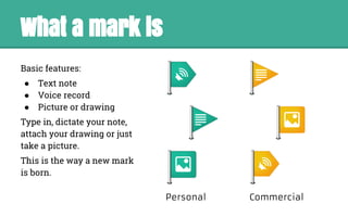 What a mark is
Basic features:
● Text note
● Voice record
● Picture or drawing
Type in, dictate your note,
attach your dra...