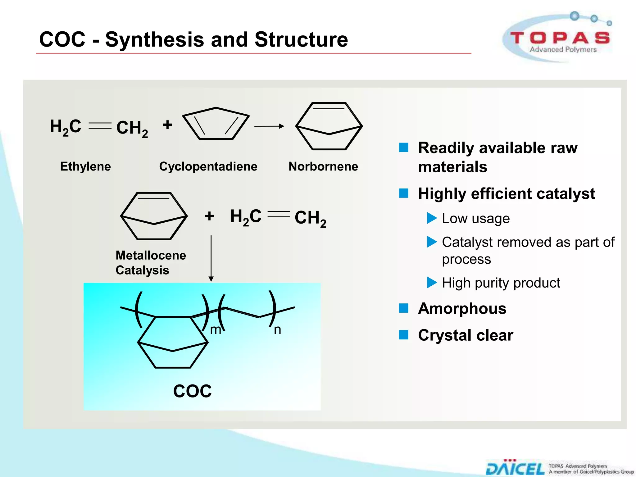 COC - Synthesis and Structure



     H 2C        CH2 +
                                                           Readily available raw
      Ethylene         Cyclopentadiene       Norbornene     materials
                                                           Highly efficient catalyst
                               + H 2C        CH2              Low usage
                                                              Catalyst removed as part of
                 Metallocene                                   process
                 Catalysis
                                                              High purity product

                   (           )(
                               m
                                         )
                                         n
                                                           Amorphous
                                                           Crystal clear


                         COC



4
 