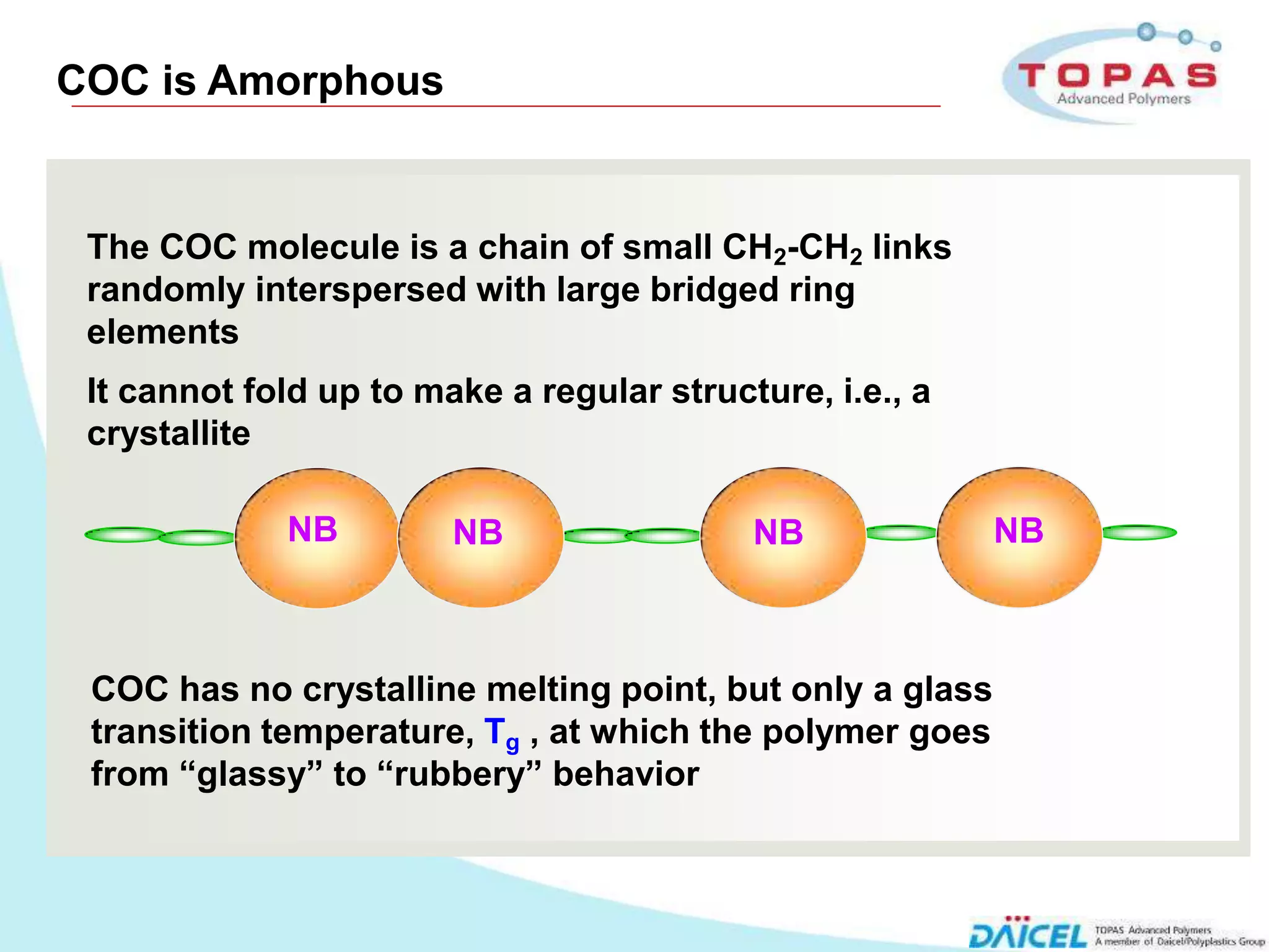 COC is Amorphous


     The COC molecule is a chain of small CH2-CH2 links
     randomly interspersed with large bridged ring
     elements
     It cannot fold up to make a regular structure, i.e., a
     crystallite

                 NB         NB                 NB             NB



     COC has no crystalline melting point, but only a glass
     transition temperature, Tg , at which the polymer goes
     from “glassy” to “rubbery” behavior



5
 