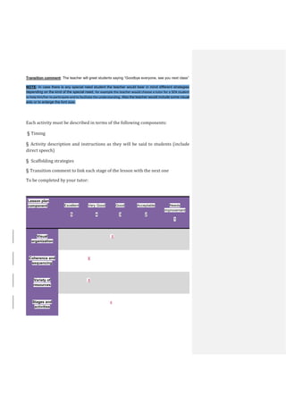 Transition comment: The teacher will greet students saying “Goodbye everyone, see you next class”
NOTE: In case there is any special need student the teacher would bear in mind different strategies
depending on the kind of the special need, for example the teacher would choose a tutor for a SEN student
to help him/her to participate and to facilitate the understanding. Also the teacher would include some visual
aids or to enlarge the font size.
Each activity must be described in terms of the following components:
§ Timing
§ Activity description and instructions as they will be said to students (include
direct speech)
§ Scaffolding strategies
§ Transition comment to link each stage of the lesson with the next one
To be completed by your tutor:
Lesson plan
component Excellent
5
Very Good
4
Good
3
Acceptable
2
Needs
improvement
1
Visual
organization
X
Coherence and
sequencing
X
Variety of
resources
X
Stages and
activities
x
 