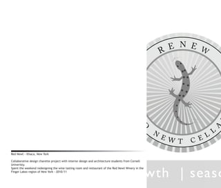 Red Newt - Ithaca, New York

Collaborative design charette project with interior design and architecture students from Cornell
Univeristy.
Spent the weekend redesigning the wine tasting room and restaurant of the Red Newt Winery in the
Finger Lakes region of New York - 2010/11
 