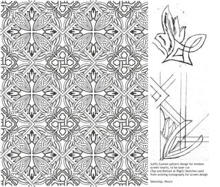 (Left) Custom pattern design for window
screen inserts, to be laser cut
(Top and Bottom at Right) Sketches used
from existing iconography for screen design

SketchUp, Pencil
 