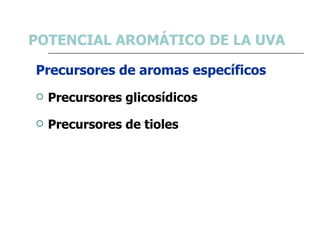 POTENCIAL AROMÁTICO DE LA UVA <ul><li>Precursores de aromas específicos </li></ul><ul><li>Precursores glicosídicos </li></...