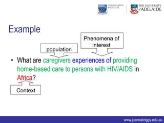 Example
                          Phenomena of
                             interest
            population

• What are caregivers experiences of providing
  home-based care to persons with HIV/AIDS in
  Africa?
 Context




                                         www.joannabriggs.edu.au
 