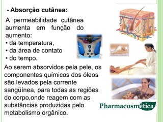- Absorção cutânea:
A permeabilidade cutânea
aumenta em função do
aumento:
• da temperatura,
• da área de contato
• do tempo.
Ao serem absorvidos pela pele, os
componentes químicos dos óleos
são levados pela corrente
sangüínea, para todas as regiões
do corpo,onde reagem com as
substâncias produzidas pelo
metabolismo orgânico.
 