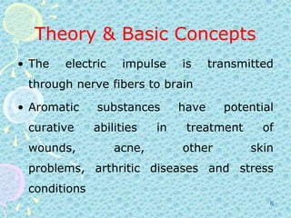 Theory & Basic ConceptsThe electric impulse is transmitted through nerve fibers to brain Aromatic substances have potential curative abilities in treatment of wounds, acne, other skin problems, arthritic diseases and stress conditions8