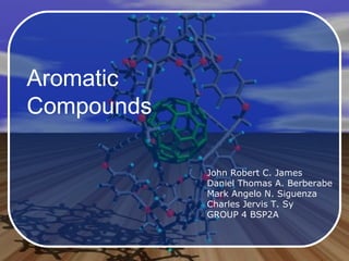 Aromatic  Compounds John Robert C. James Daniel Thomas A. Berberabe Mark Angelo N. Siguenza Charles Jervis T. Sy GROUP 4 BSP2A Aromatic  Compounds 