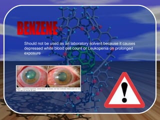BENZENE Should not be used as an laboratory solvent because it causes depressed white blood cell count or Leukopenia on prolonged exposure 