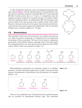 In 1962, Sondheimer prepared a series of conjugated monocyclic poly-
enes called annulenes, with the specific purpose of testing Hückel’s rule.
Amongst the annulenes prepared, compound 22 with 14 and compound
23 with 18 carbon atoms, that is n =3 and n = 4, respectively, have the
magnetic properties required for aromatic character, but behave chemi-
cally like conjugated alkenes. In [18]annulene (23), the hydrogen atoms
on the outside of the ring resonate in the aromatic region at δ 9.3 ppm.
However, the inner protons lie in the region where the induced field asso-
ciated with the ring current opposes the applied field. They are therefore
shielded and so resonate upfield at δ –3.0 ppm.
1.5 Nomenclature
The remainder of this book will be devoted to the synthesis and reactions
of a range of aromatic compounds. It is important that you understand
the naming of these compounds. The use of trivial names is widespread,
particularly in the chemical industry; although some of the older names
have disappeared from use, many persist and are allowed in the IUPAC
system. Some of these are presented in Figure 1.13.
Monosubstituted compounds are commonly named as in aliphatic
chemistry, with the substituents appearing as a prefix to the parent name
benzene; bromobenzene, chlorobenzene and nitrobenzene are examples
(Figure 1.14).
There are two acceptable ways of naming the three positional isomers
that are possible for disubstituted benzene rings. The substituent
Aromaticity 11
Figure 1.13
Figure 1.14
22
23
Me NH2 OMe OH
O OH
Benzene Toluene
Methylbenzene
Styrene
Phenylethene
Aniline
Phenylamine
Benzoic acid
Benzenecarboxylic acid
Anisole
Methoxybenzene
Phenol
Hydroxybenzene
Br
Bromobenzene Chlorobenzene Nitrobenzene
Cl NO2
 