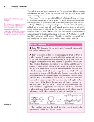 This rule is now an important criterion for aromaticity. Those systems
that contain 4n π-electrons are unstable and are referred to as anti-
aromatic compounds.
The reason for the success of the Hückel rule in predicting aromatic-
ity lies in the derivation of the π MOs. For cyclic conjugated molecules,
the energy levels of the bonding MOs are always arranged with one low-
est-lying MO followed by degenerate pairs of orbitals. The anti-bonding
orbitals are arranged inversely, with sets of two degenerate levels and a
single highest energy orbital. In the case of benzene, it requires two
electrons to fill the first MO and then four electrons to fill each of the n
succeeding energy levels, as illustrated in Figure 1.3. A filled set of bond-
ing MOs results in a stable system. This idea is very like that which links
the stability of the noble gases to a filled set of atomic orbitals.
6 Aromatic Chemistry
Degenerate orbitals have equal
energies.
The presence of electrons in anti-
bonding orbitals is destabilizing.
Orbitals that fall on the energy
reference line are called
nonbonding orbitals; the presence
of electrons in these orbitals has
no influence on the total bonding.
Figure 1.6
Worked Problem 1.1
Q Draw MO diagrams for the π-electron systems of cyclobutadi-
ene and cyclooctatetraene.
A There is a simple system for predicting energy levels of MOs in
cyclic systems. A polygon is inscribed within a circle with an apex
at the base and horizontal lines are drawn at the points where the
polygon touches the circle. The number of points of contact and
their position determines the nature of the orbital and the relative
energy. A non-bonding orbital results when the polygon touches
the circle at a horizontal diameter. Touching below this line indi-
cates bonding orbitals of lower energy; these are filled with elec-
trons first, in accord with Hund’s rule. Contact points above the
horizontal diametric line correspond to higher energy anti-bonding
orbitals. This is illustrated in Figure 1.6 for cyclobutadiene, ben-
zene and cyclooctatetraene, having four, six, and eight carbon
atoms, respectively. It can be seen that of these examples only
benzene obeys Hückel’s 4n + 2 rule; both cyclobutadiene and
cyclooctatetraene apparently have unpaired electrons. However,
cyclooctatetraene is not planar, existing in a tub shape, and it
behaves as a polyalkene with all the π-electrons paired up.
This method can also be used for other simple monocyclic
systems that can be inscribed in a circle.
Four C atoms Six C atoms Eight C atoms
 