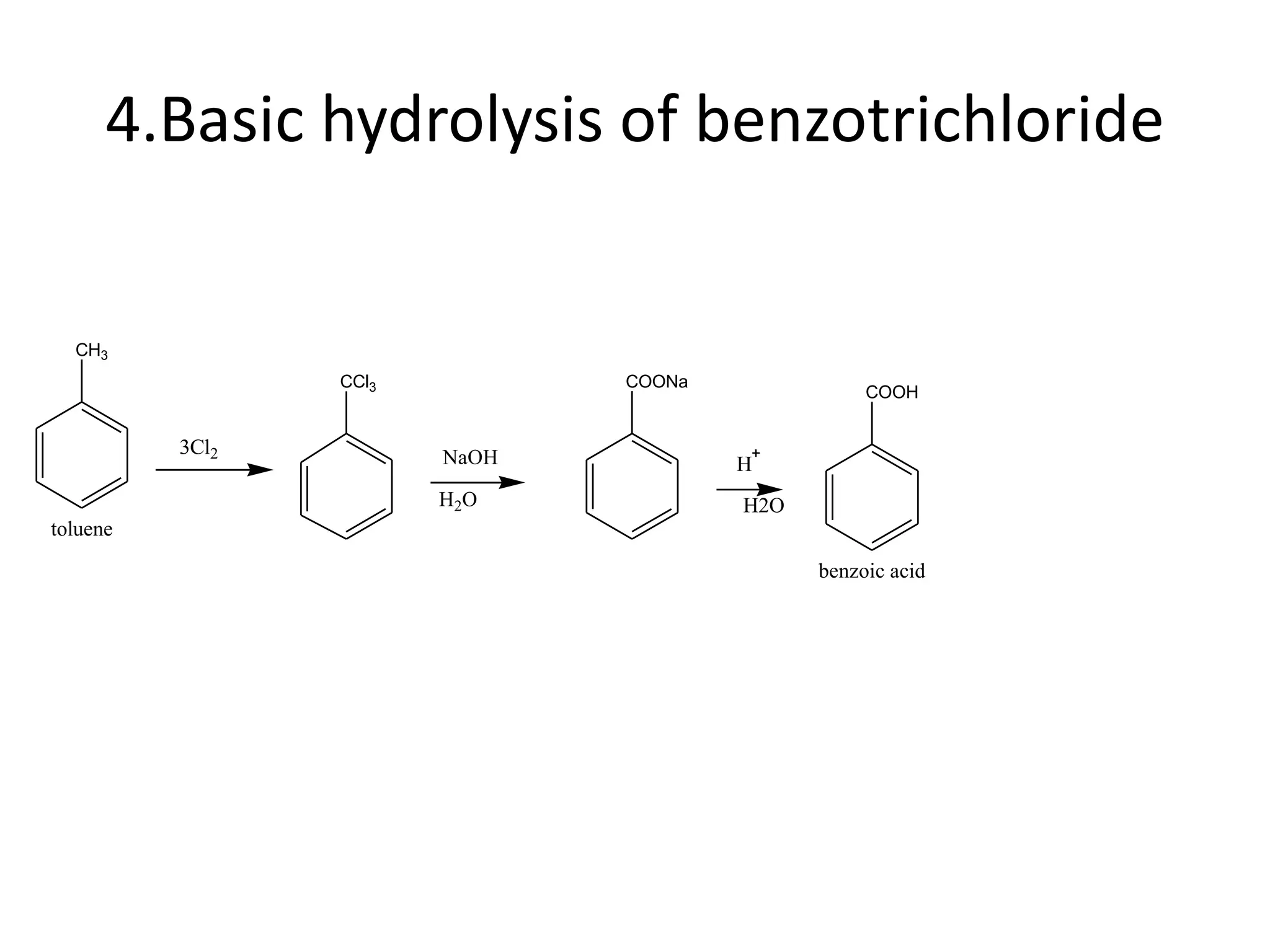 4.Basic hydrolysis of benzotrichloride
CH3
toluene
3Cl2
CCl3
NaOH
H2O
COONa
H
H2O
COOH
benzoic acid
 