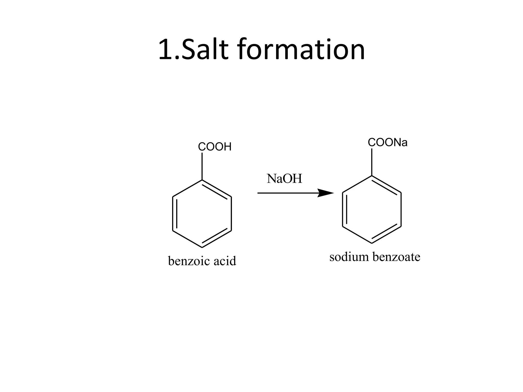 1.Salt formation
COOH
benzoic acid
NaOH
COONa
sodium benzoate
 