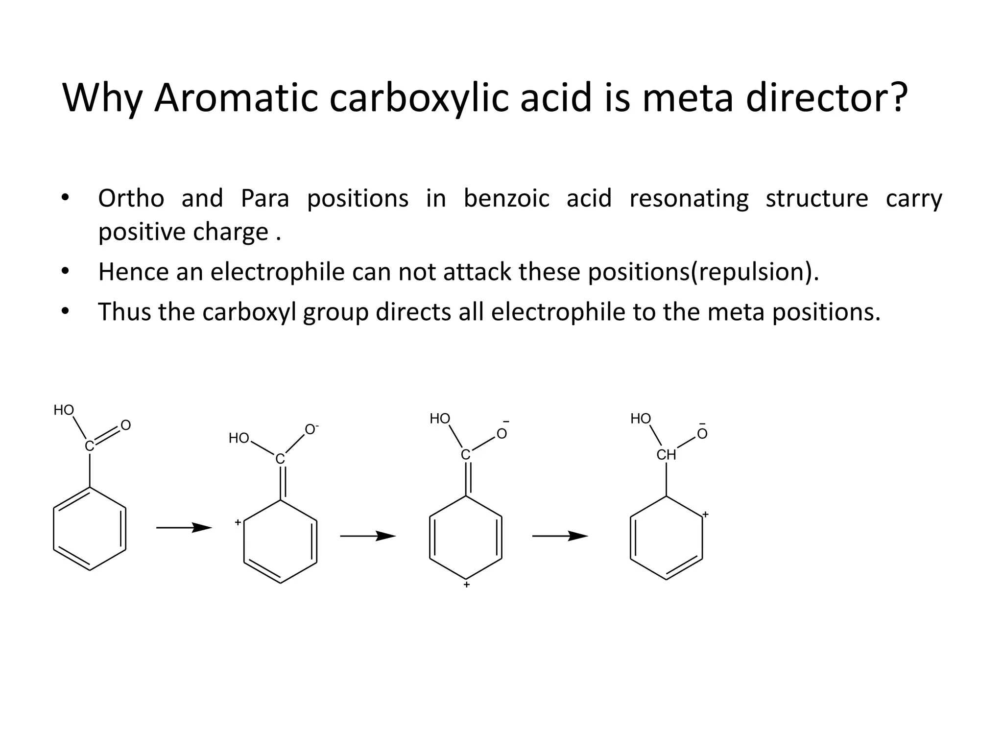Why Aromatic carboxylic acid is meta director?
• Ortho and Para positions in benzoic acid resonating structure carry
positive charge .
• Hence an electrophile can not attack these positions(repulsion).
• Thus the carboxyl group directs all electrophile to the meta positions.
C
HO
O
C
O-
HO
C
HO
O
CH
HO
O
 