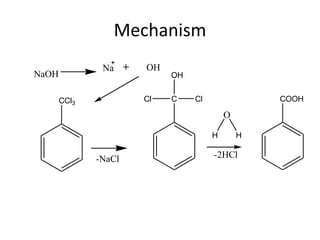 Mechanism
CCl3
C
NaOH
Na OH
COOH
OH
Cl
O
H H
Cl
-2HCl-NaCl
 