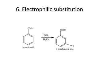 6. Electrophilic substitution
COOH
benzoic acid
HNO3
H2SO4
COOH
NO2
3-nitrobenzoic acid
 