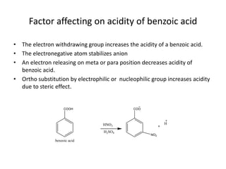 Factor affecting on acidity of benzoic acid
• The electron withdrawing group increases the acidity of a benzoic acid.
• The electronegative atom stabilizes anion
• An electron releasing on meta or para position decreases acidity of
benzoic acid.
• Ortho substitution by electrophilic or nucleophilic group increases acidity
due to steric effect.
COOH
HNO3
benzoic acid
H2SO4
COO
NO2
H
 