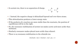  In acetate ion, there is no separation of charge.
 Instead, the negative charge is delocalized (spread out) over three atoms.
 This delocalization produces a lower energy state.
 If the products of a reaction are more stable than the reactants, the position of
equilibrium will lie to the right.
 So, the resonance stabilization of acetate ion makes acetic acid more acidic than
methanol.
 Similarly resonance makes phenol more acidic than ethanol.
 There is no resonance stabilization in the ethoxide ion.
 
