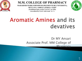 Dr MY Ansari
Associate Prof. MM College of
Pharmacy
22
6
M.M. COLLEGE OF PHARMACY
MAHARISHI MARKANDESHWAR (DEEMED TO BE UNIVERSITY),
MULLANA, AMBALA (INDIA)- 133207
(Established under section 3 of UGC, act 1956)
(Accredited By NAAC with Grade ‘A++’)
 