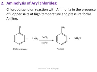2. Aminolysis of Aryl chlorides:
Chlorobenzene on reaction with Ammonia in the presence
of Copper salts at high temperature and pressure forms
Aniline.
Prepared by Mr. N. M. Jangade
 