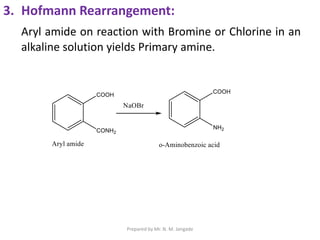 3. Hofmann Rearrangement:
Aryl amide on reaction with Bromine or Chlorine in an
alkaline solution yields Primary amine.
Prepared by Mr. N. M. Jangade
 