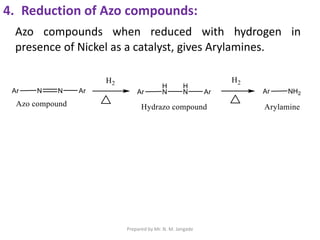 4. Reduction of Azo compounds:
Azo compounds when reduced with hydrogen in
presence of Nickel as a catalyst, gives Arylamines.
Prepared by Mr. N. M. Jangade
 