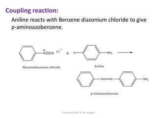 Coupling reaction:
Aniline reacts with Benzene diazonium chloride to give
p-aminoazobenzene.
Prepared by Mr. N. M. Jangade
 