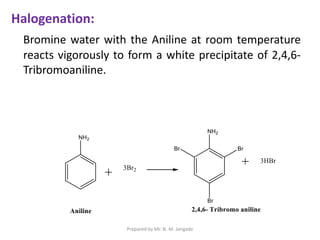 Halogenation:
Bromine water with the Aniline at room temperature
reacts vigorously to form a white precipitate of 2,4,6-
Tribromoaniline.
Prepared by Mr. N. M. Jangade
 