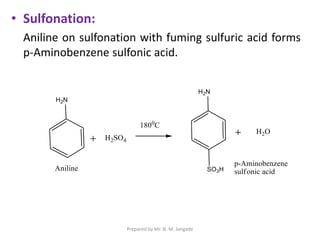 • Sulfonation:
Aniline on sulfonation with fuming sulfuric acid forms
p-Aminobenzene sulfonic acid.
Prepared by Mr. N. M. Jangade
 