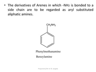 • The derivatives of Arenes in which -NH2 is bonded to a
side chain are to be regarded as aryl substituted
aliphatic amines.
Prepared by Mr. N. M. Jangade
 