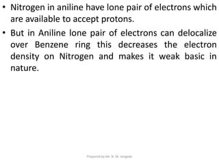 • Nitrogen in aniline have lone pair of electrons which
are available to accept protons.
• But in Aniline lone pair of electrons can delocalize
over Benzene ring this decreases the electron
density on Nitrogen and makes it weak basic in
nature.
Prepared by Mr. N. M. Jangade
 