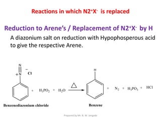 Reactions in which N2+X- is replaced
Reduction to Arene’s / Replacement of N2+X- by H
A diazonium salt on reduction with Hypophosperous acid
to give the respective Arene.
Prepared by Mr. N. M. Jangade
 