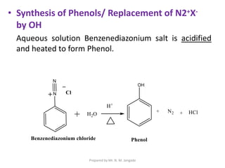 • Synthesis of Phenols/ Replacement of N2+X-
by OH
Aqueous solution Benzenediazonium salt is acidified
and heated to form Phenol.
Prepared by Mr. N. M. Jangade
 
