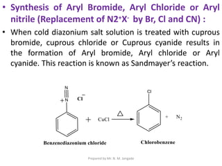 • Synthesis of Aryl Bromide, Aryl Chloride or Aryl
nitrile (Replacement of N2+X- by Br, Cl and CN) :
• When cold diazonium salt solution is treated with cuprous
bromide, cuprous chloride or Cuprous cyanide results in
the formation of Aryl bromide, Aryl chloride or Aryl
cyanide. This reaction is known as Sandmayer’s reaction.
Prepared by Mr. N. M. Jangade
 