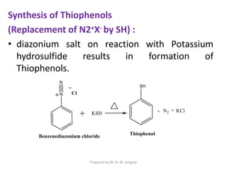 Synthesis of Thiophenols
(Replacement of N2+X- by SH) :
• diazonium salt on reaction with Potassium
hydrosulfide results in formation of
Thiophenols.
Prepared by Mr. N. M. Jangade
 