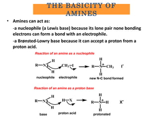 • Amines can act as:
-a nucleophile (a Lewis base) because its lone pair none bonding
electrons can form a bond with an el...