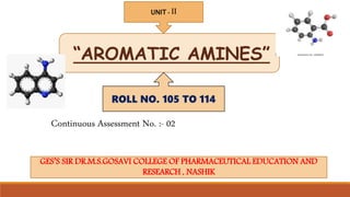 “AROMATIC AMINES”
UNIT - II
ROLL NO. 105 TO 114
Continuous Assessment No. :- 02
GES’S SIR DR.M.S.GOSAVI COLLEGE OF PHARMACEUTICAL EDUCATION AND
RESEARCH , NASHIK
 